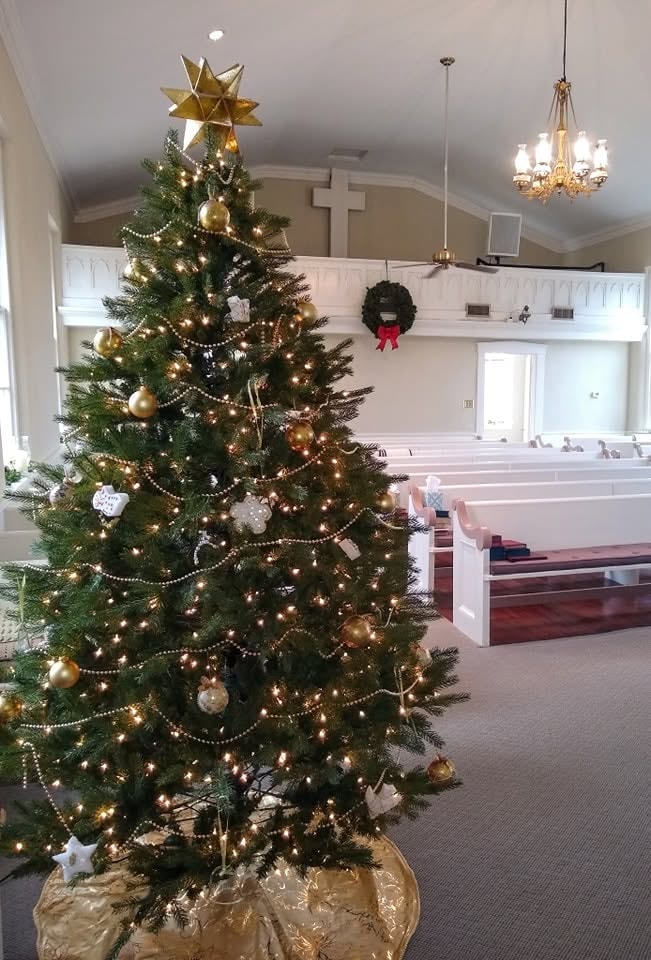 Christmas tree with gold ornaments and lights inside Salem Presbyterian Church sanctuary